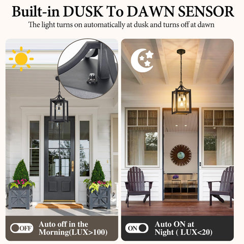 Dusk-to-dawn sensor close-up on Osimir pendant showing hands-free operation.