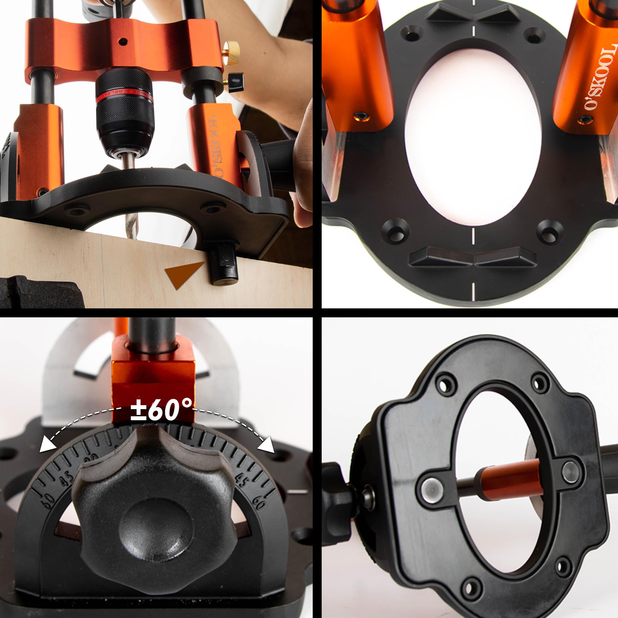 O'SKOOL angle-scale adjustment for quick, repeatable drilling angles.