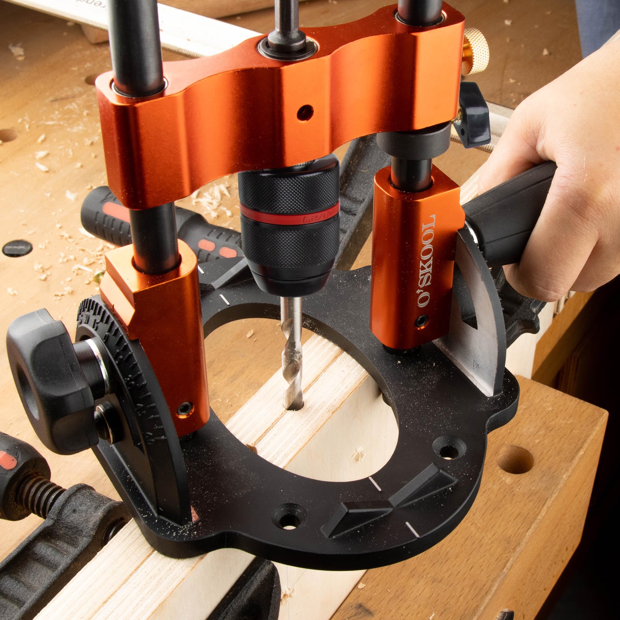 O'SKOOL drill guide attachment fits handheld drills for flexible setups.