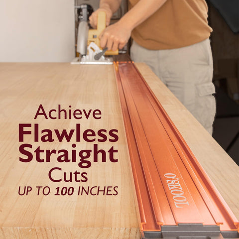 O'SKOOL straight-edge guide shown with routers and jigsaws for versatility.