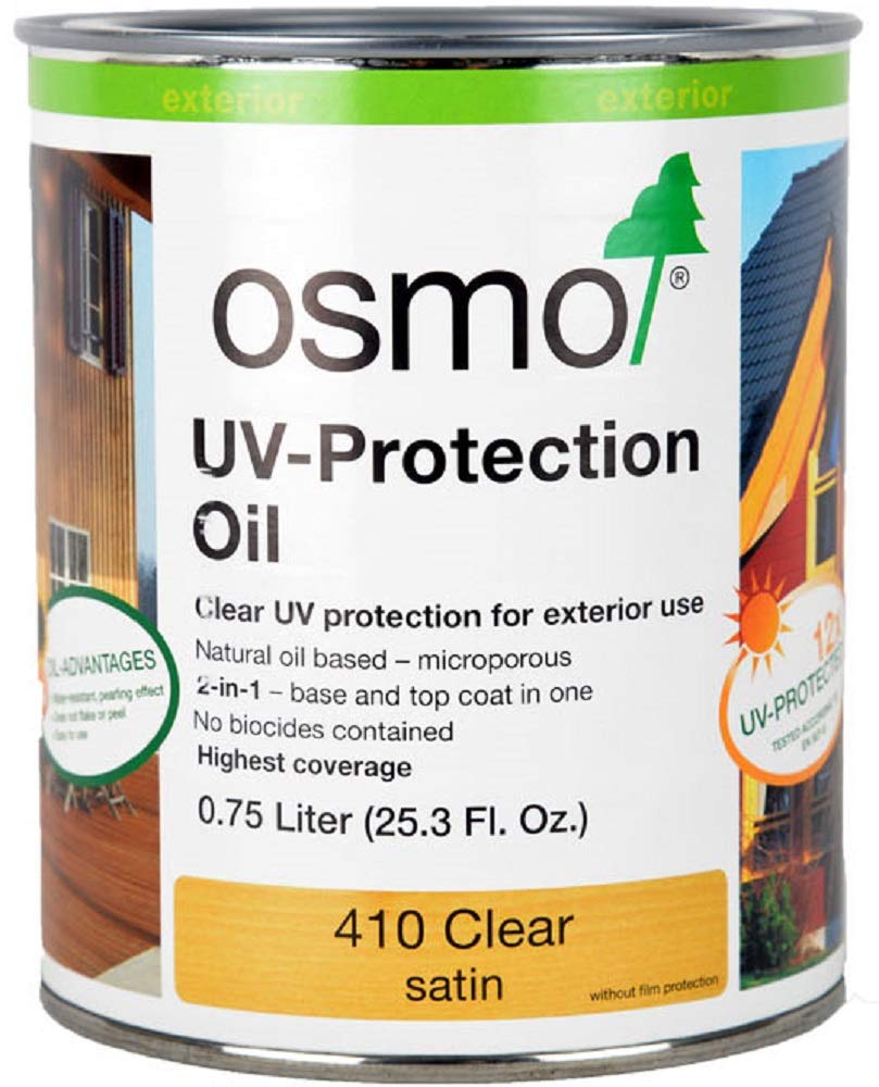 Osmo UV-Protection Oil 410 Clear bottle; protects wood from UV and enhances grain