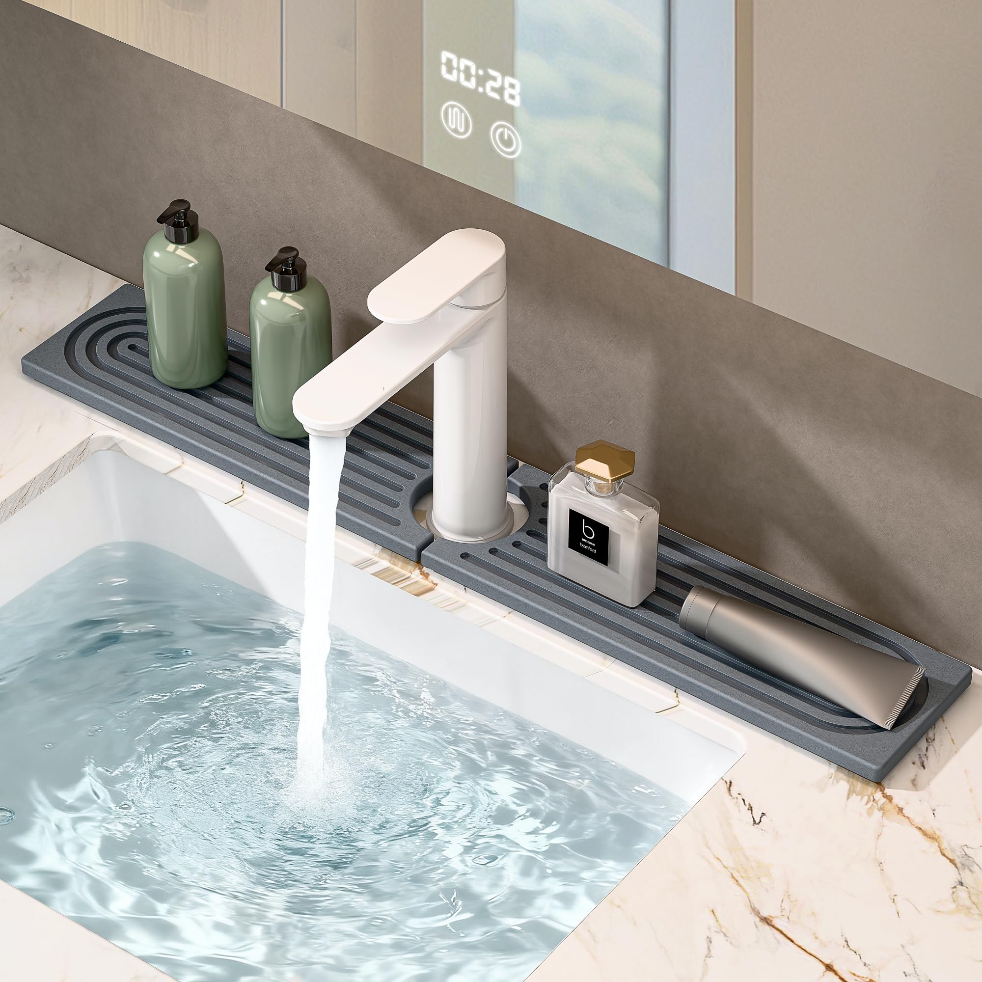 OSOVGO faucet mat on a kitchen sink catching splashes and drying quickly.
