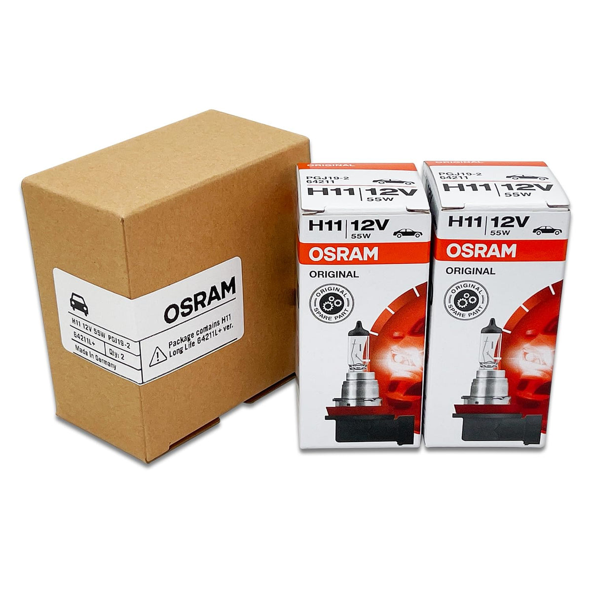 OSRAM H11 64211L+ two-pack front view ready for installation
