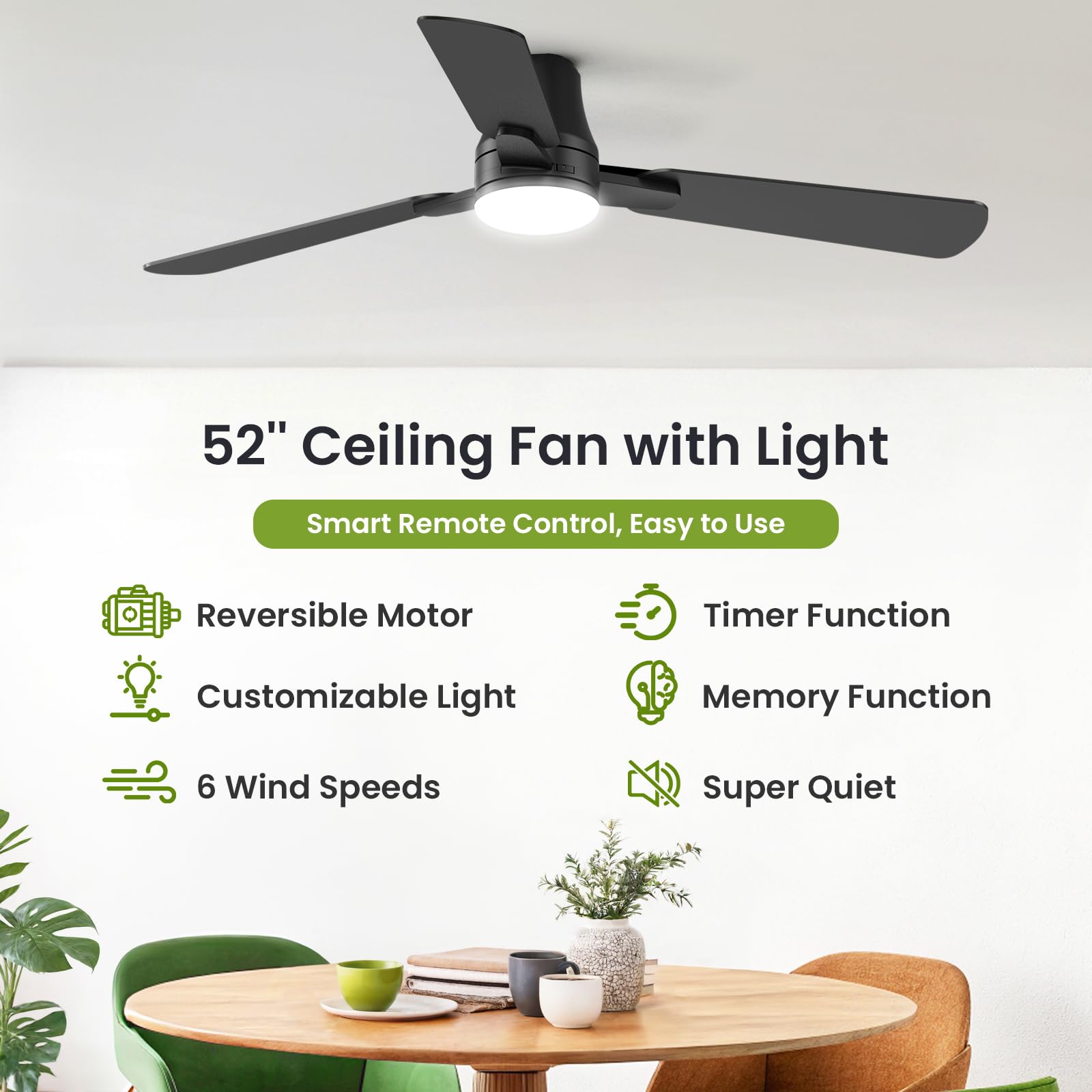 OSTIVE low-profile flush-mount ceiling fan suitable for bedrooms and kitchens with modern style.