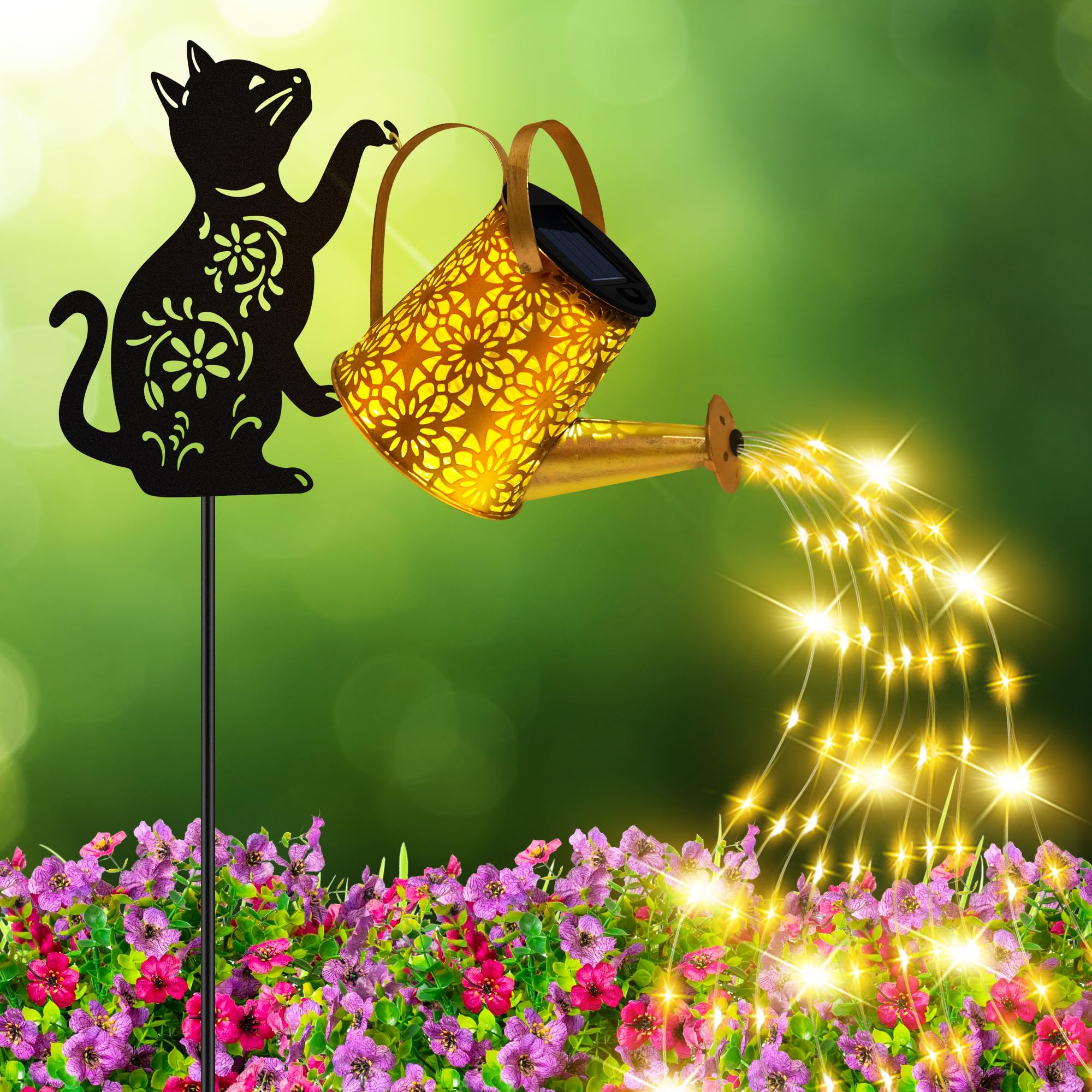 ostritec solar watering can lights with cat stake brighten outdoor pathways at dusk