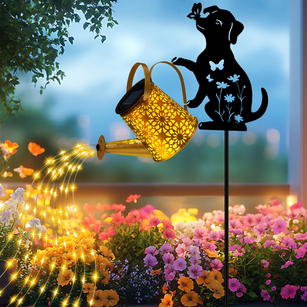 Ostritec solar watering can lights with dog silhouette illuminating your garden at dusk