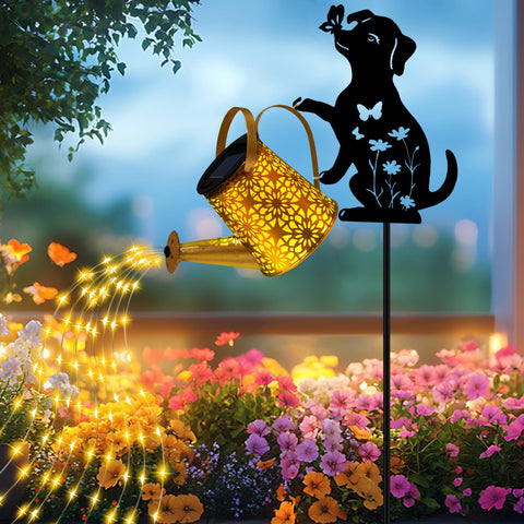 Ostritec solar watering can lights with dog silhouette illuminating your garden at dusk