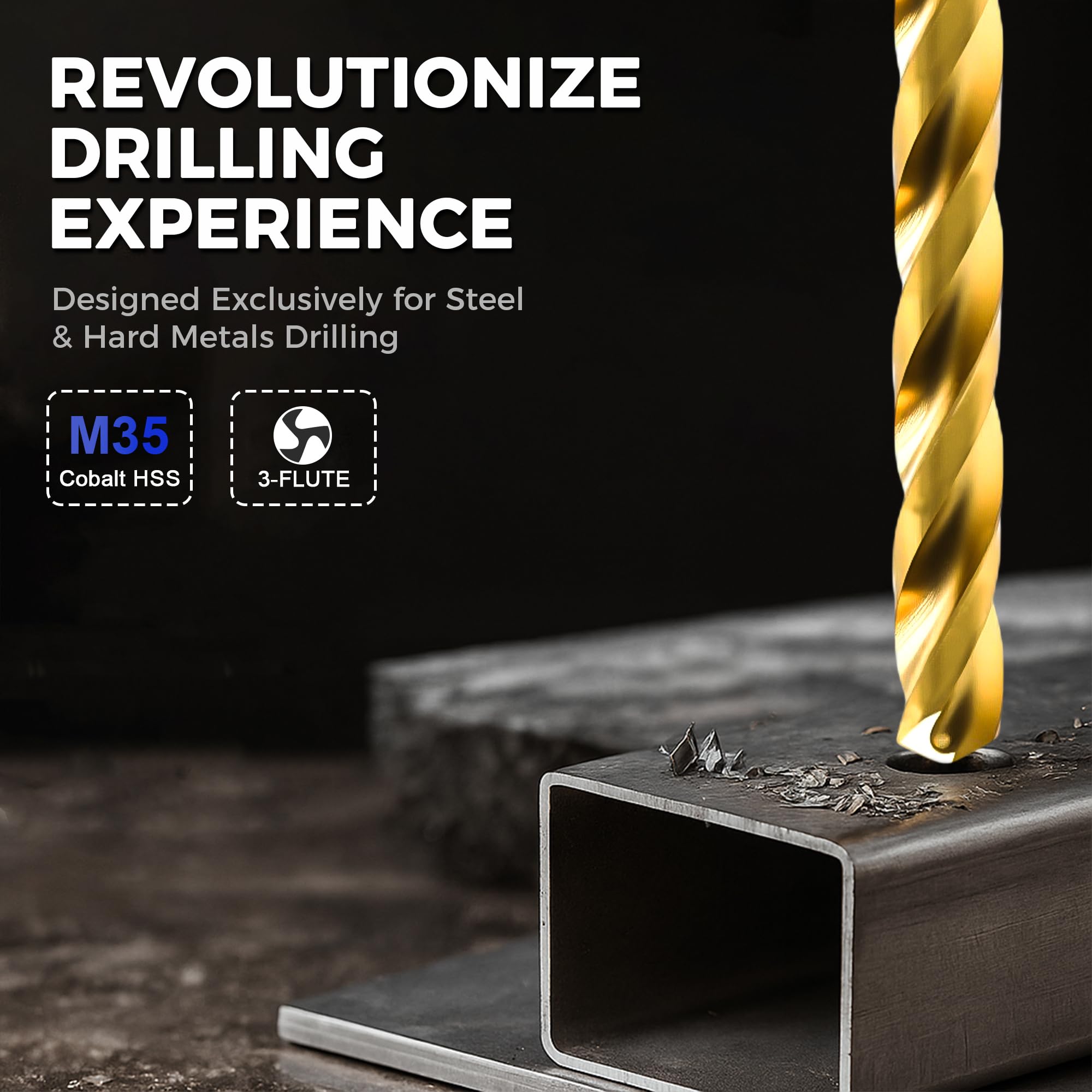 OSTTE cobalt drill bit set showcases the 3-flute design for faster penetration.