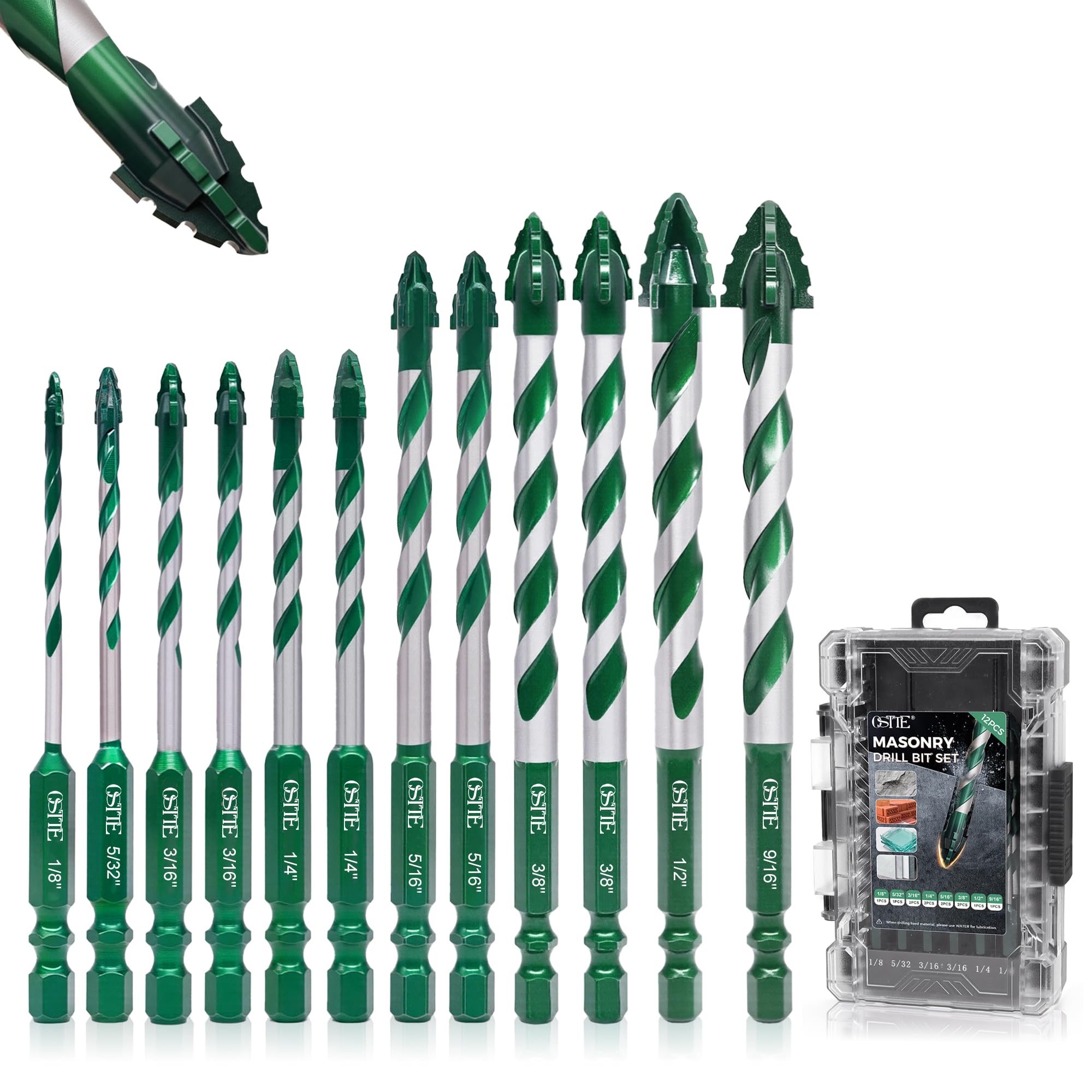 OSTTE 12-piece masonry drill bit set with hex shank for concrete and brick tasks.