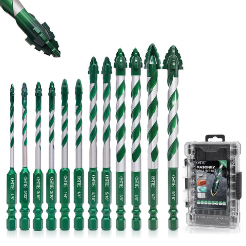 OSTTE 12-piece masonry drill bit set with hex shank for concrete and brick tasks.