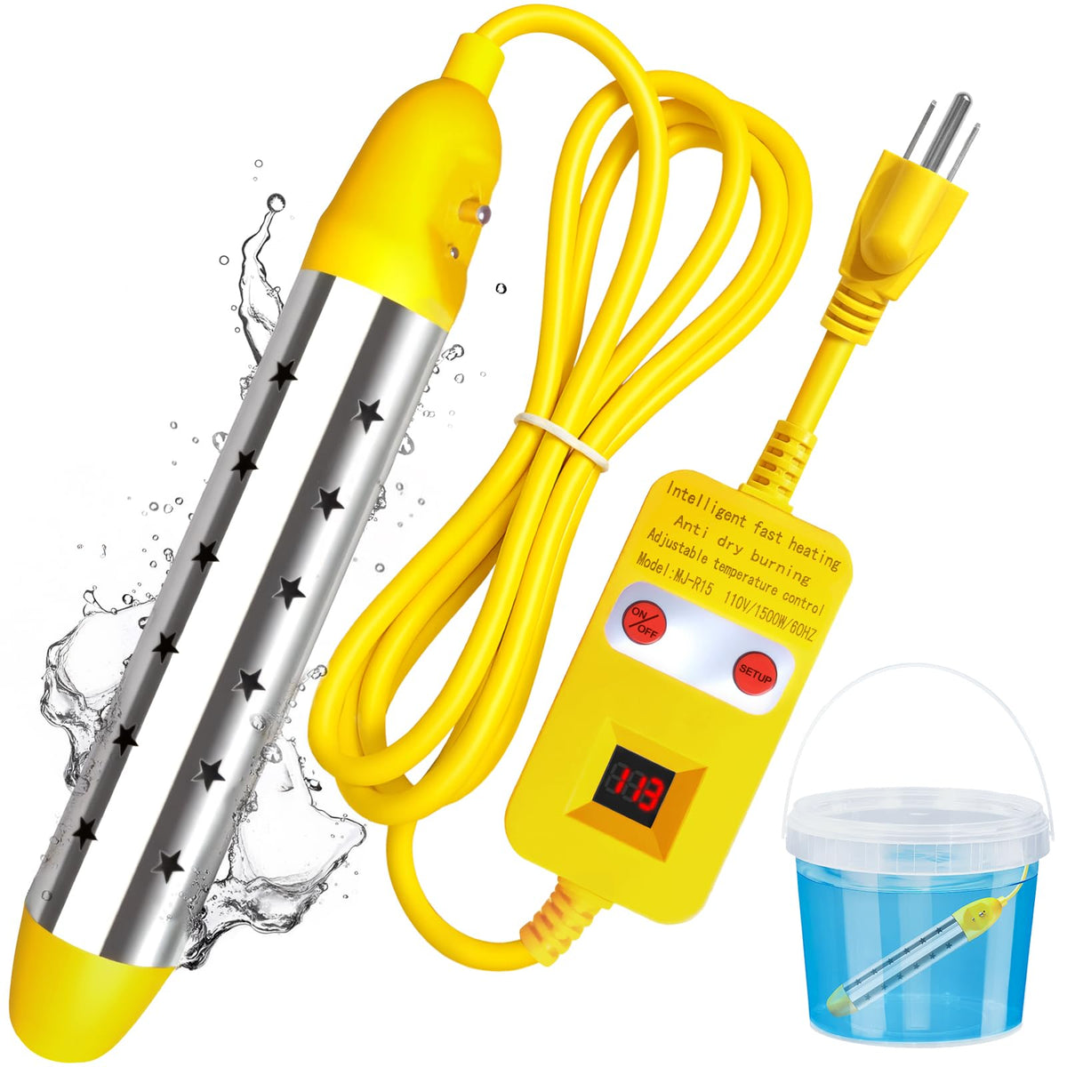 Ostutry immersion heater packaging for portable setup and quick take-along heat