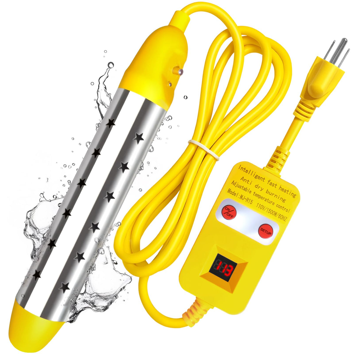 Ostutry portable immersion heater in bucket view enables quick bucket heating for chores.