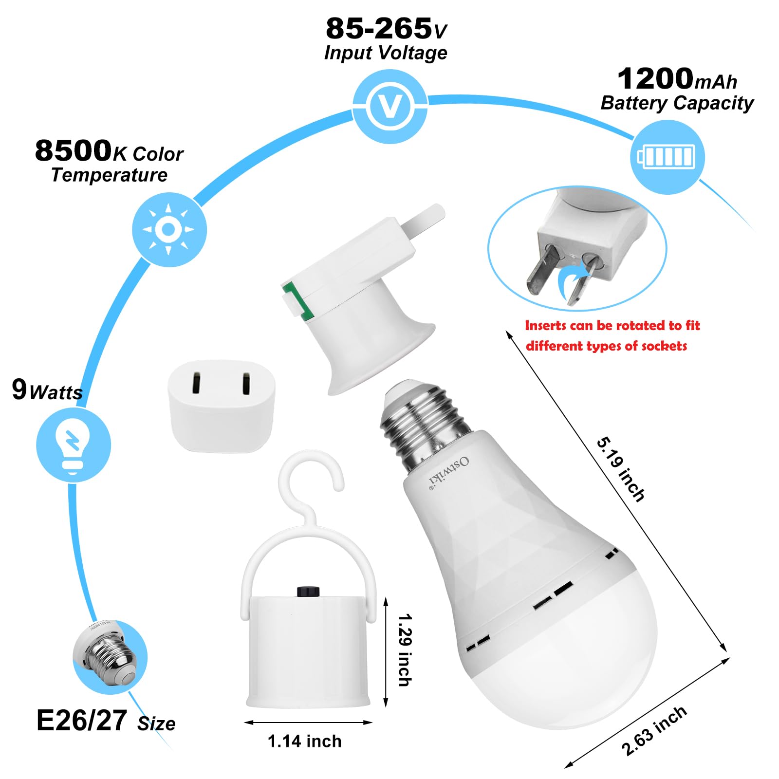 Ostwiki rechargeable emergency bulbs charging while in use with built-in 1200mAh battery.