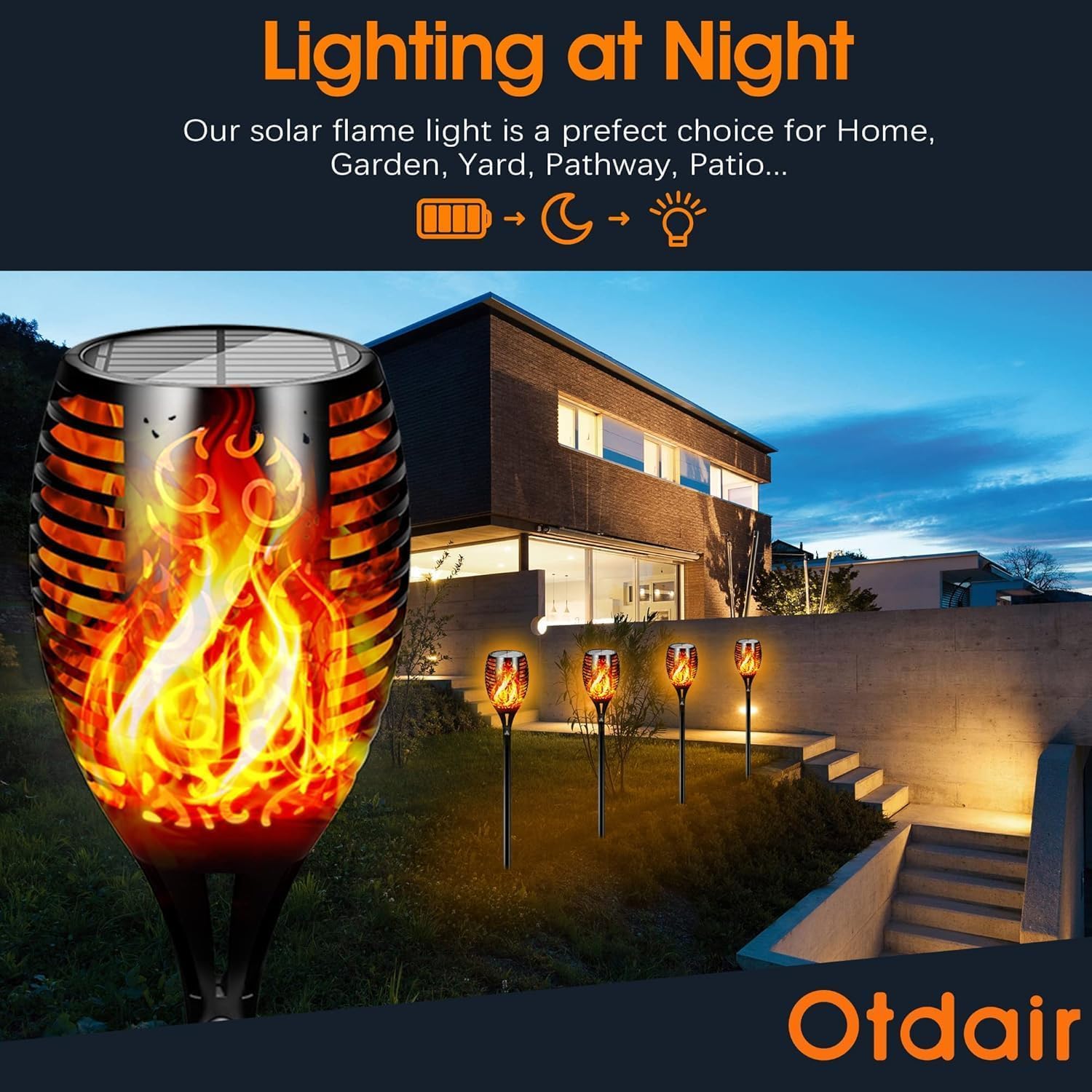 Otdair six-pack solar torches illuminate pathways with warm glow