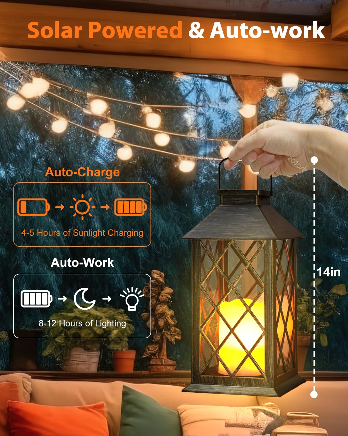 Otdair lantern glows with a warm, flickering candle effect at night.
