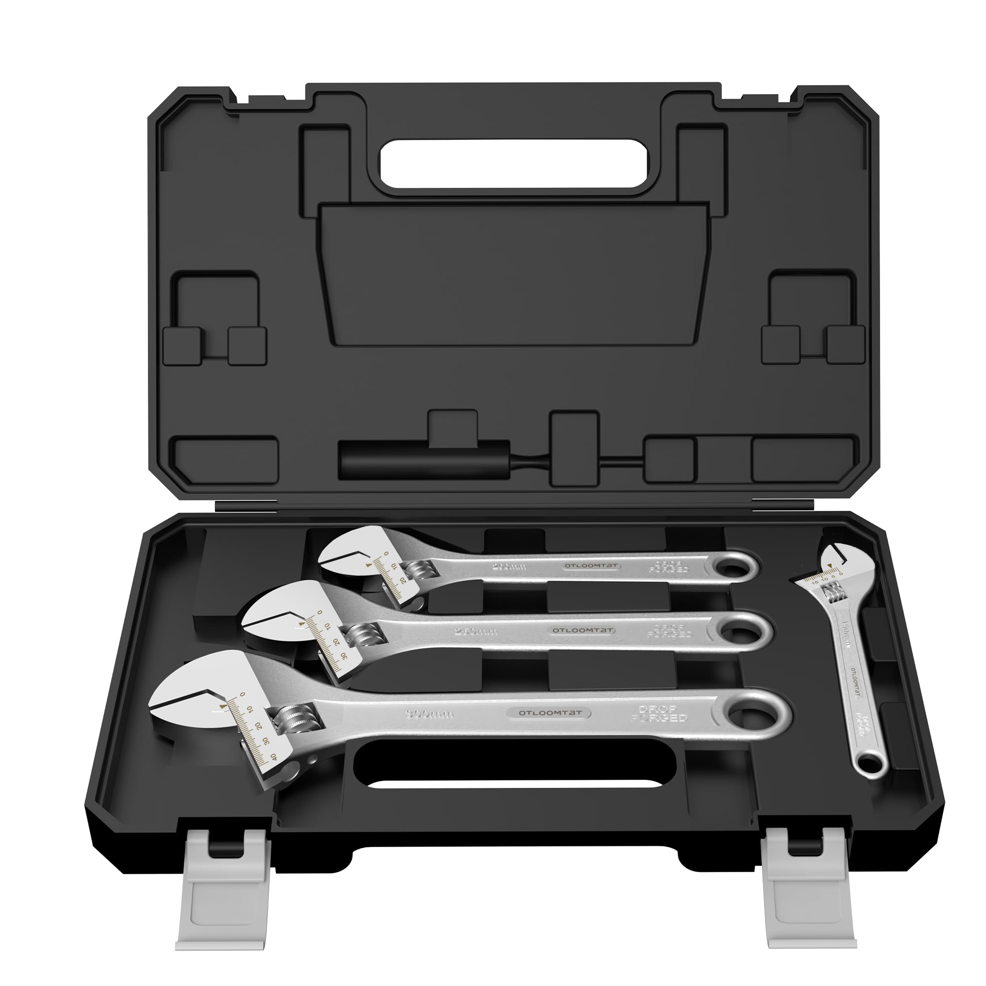 OTLOOMTBT 4-piece adjustable wrenches with wide jaws grip large fasteners securely.