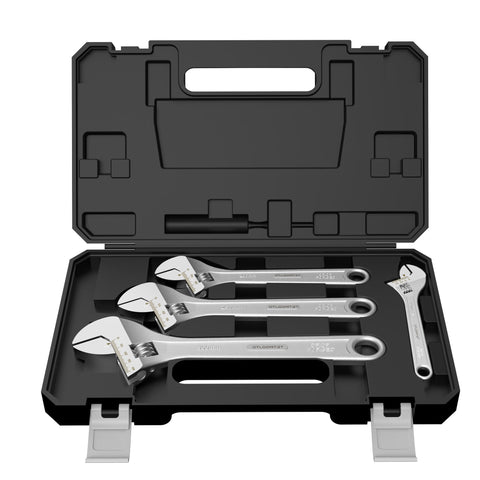 OTLOOMTBT 4-piece adjustable wrenches with wide jaws grip large fasteners securely.