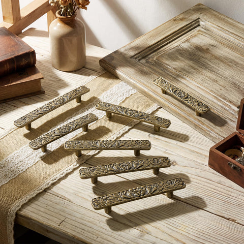 Otoolling antique brass peony design enhances classic kitchen or dresser furniture.