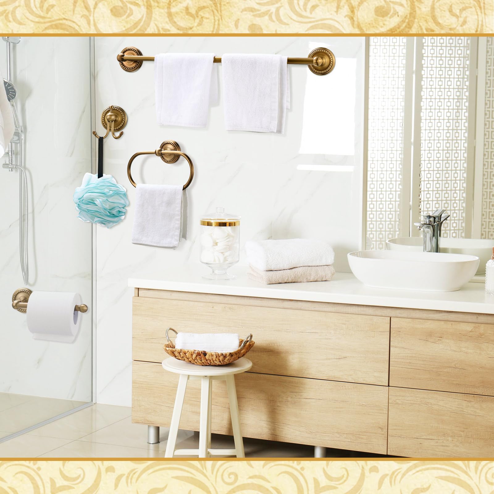 Otoolling antique brass towel rack detail showing base and wave pattern.