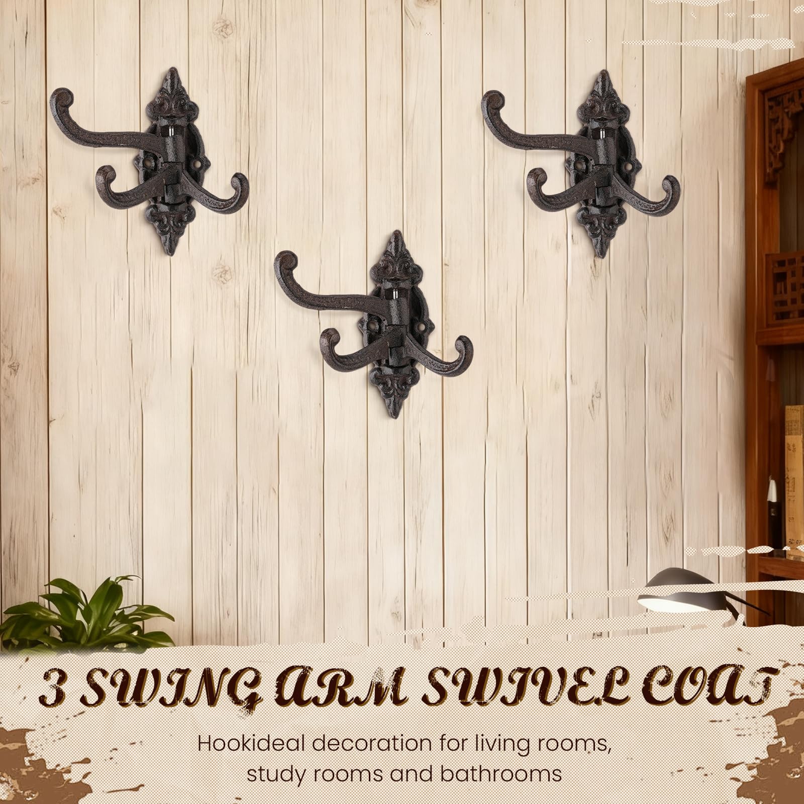 Otoolling farmhouse wall hanger with three arms for coats and bags.