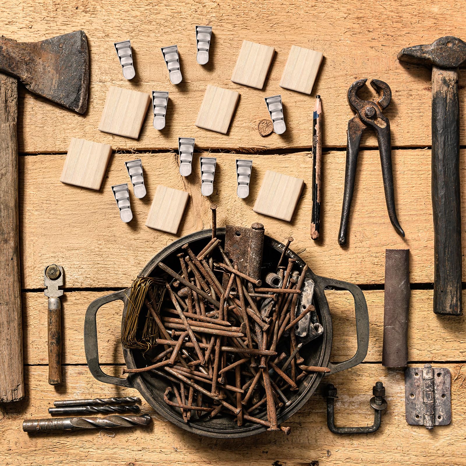 Otoolling hammer head secured by wedges in workshop setup