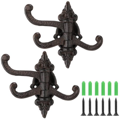 Otoolling vintage cast iron wall hook with three arms for sturdy coat storage.