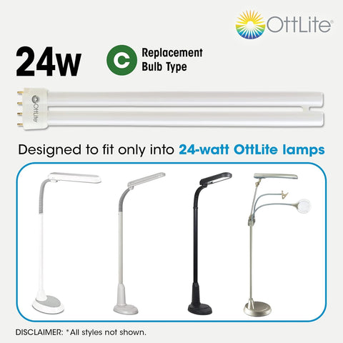 OttLite B24553 24W tube replacement bulb-out demonstrates bright, low-heat illumination