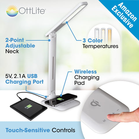 OttLite Charge Up desk lamp showing USB port for charging accessories while you work