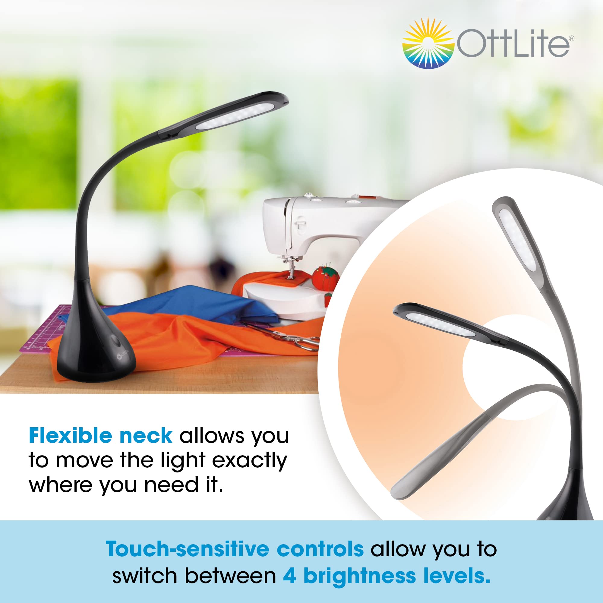 OttLite Creative Curves gooseneck adjusts for precise task lighting.