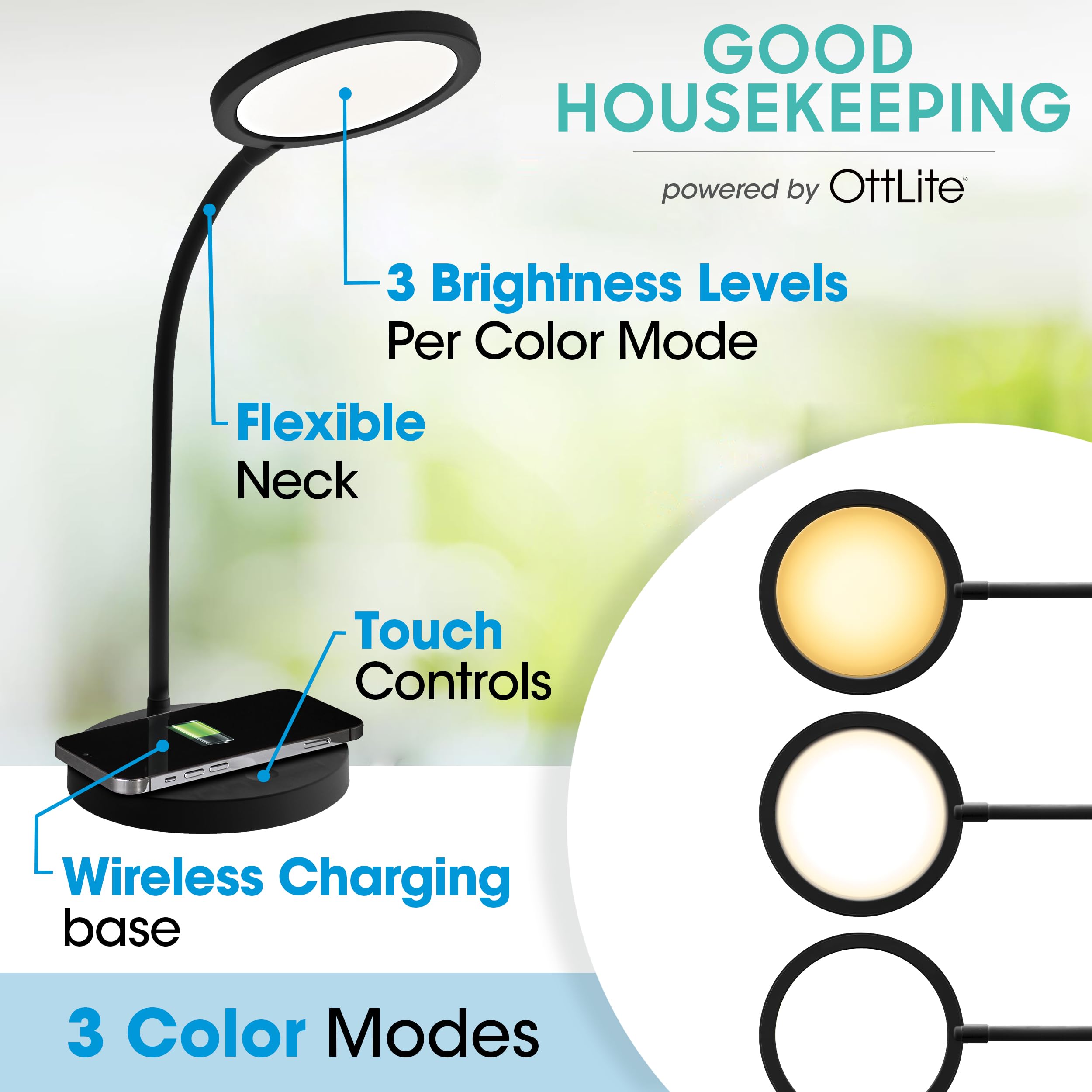 OttLite wireless charging pad on lamp base powering devices while studying