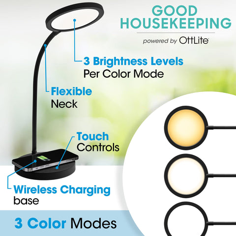 OttLite wireless charging pad on lamp base powering devices while studying