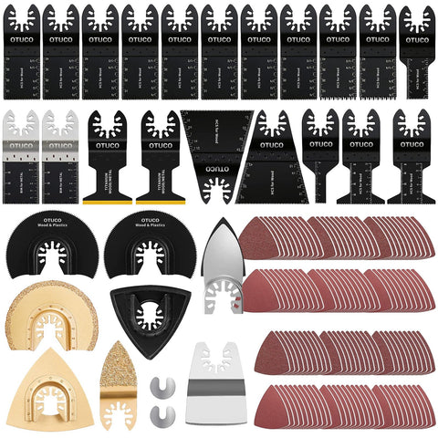 OTUCO 150pcs oscillating blades kit for precise wood and metal cuts.