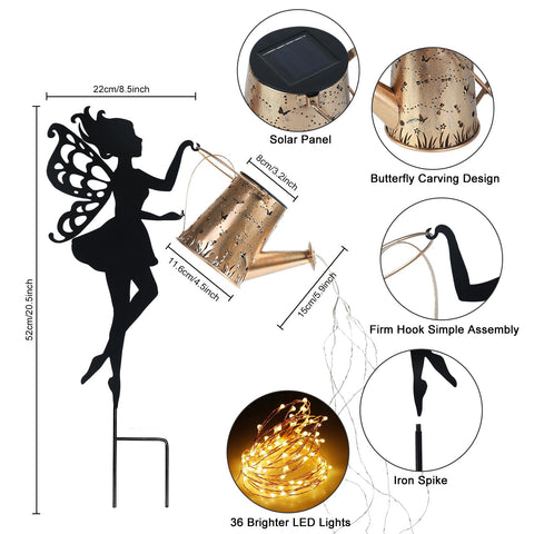 Ouddy Decor metal fairy figure with hanging lanterns adds whimsical lighting along garden paths.