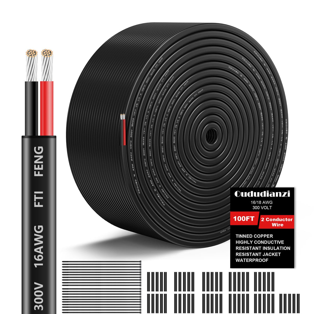 Oududianzi 16 AWG two-conductor wire with black-red jacket for reliable low-voltage power