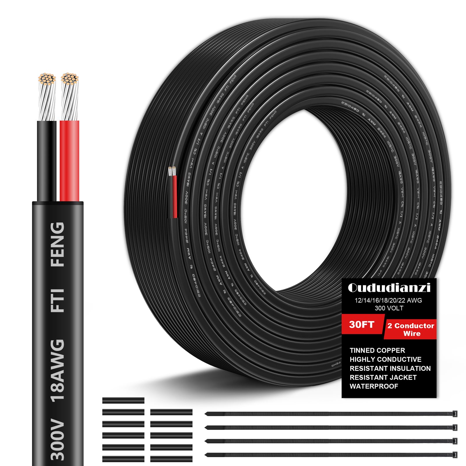 Oududianzi 18AWG two-conductor cable in black and red, ideal for 12V LED runs.