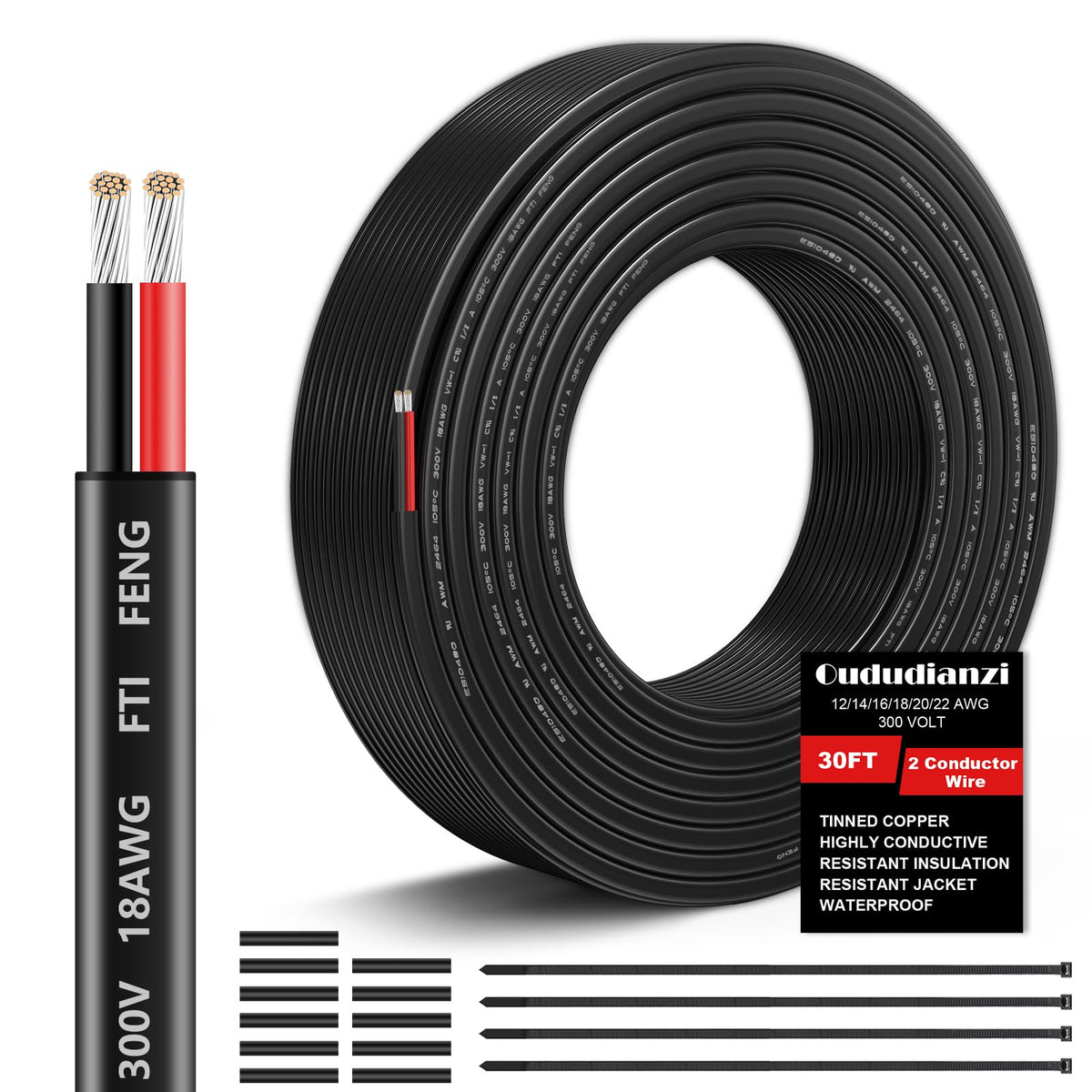 Oududianzi 18AWG two-conductor cable in black and red, ideal for 12V LED runs.