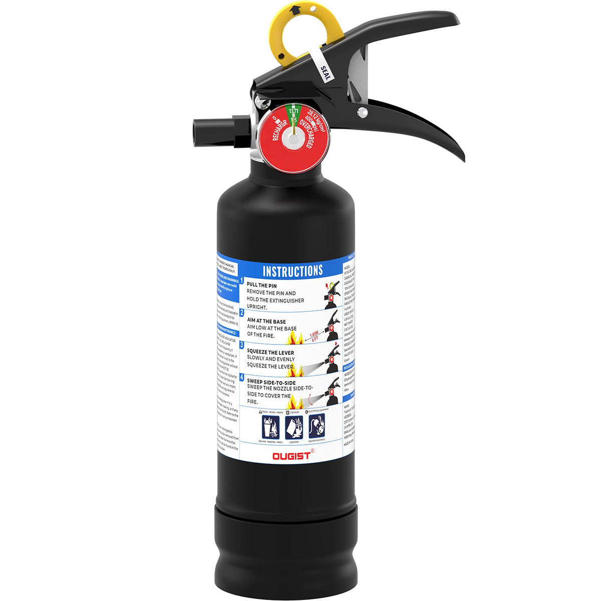 Ougist ABC dry powder extinguisher front view highlighting quick safety use.