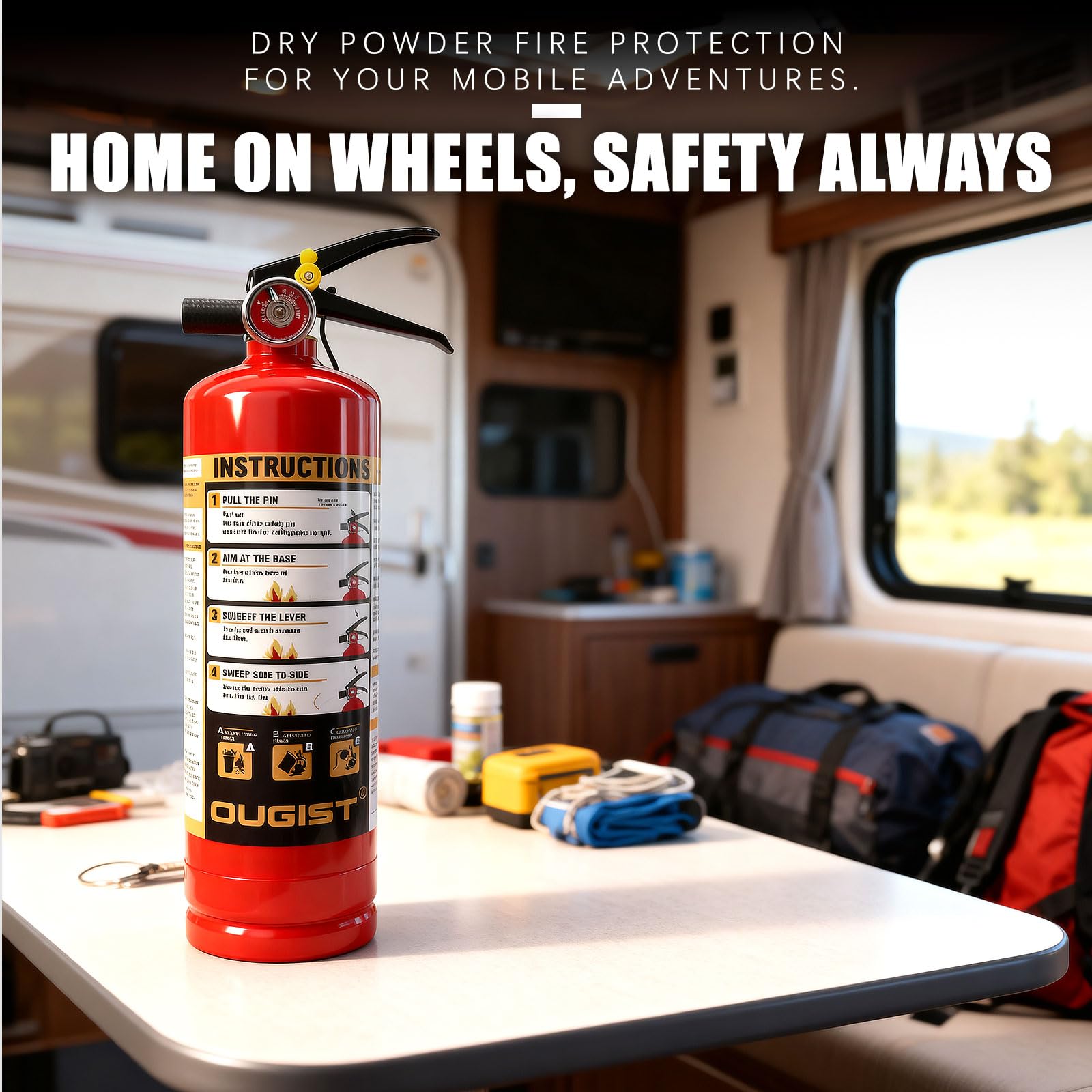 Ougist ABC fire extinguisher for car and truck, stable on rough terrain.