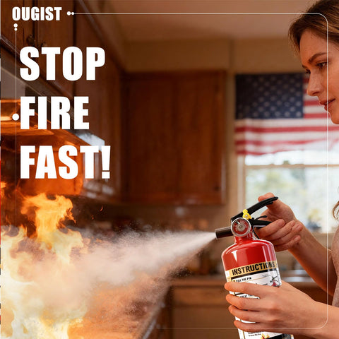Ougist ABC fire extinguisher with compact design for cabinet placement.