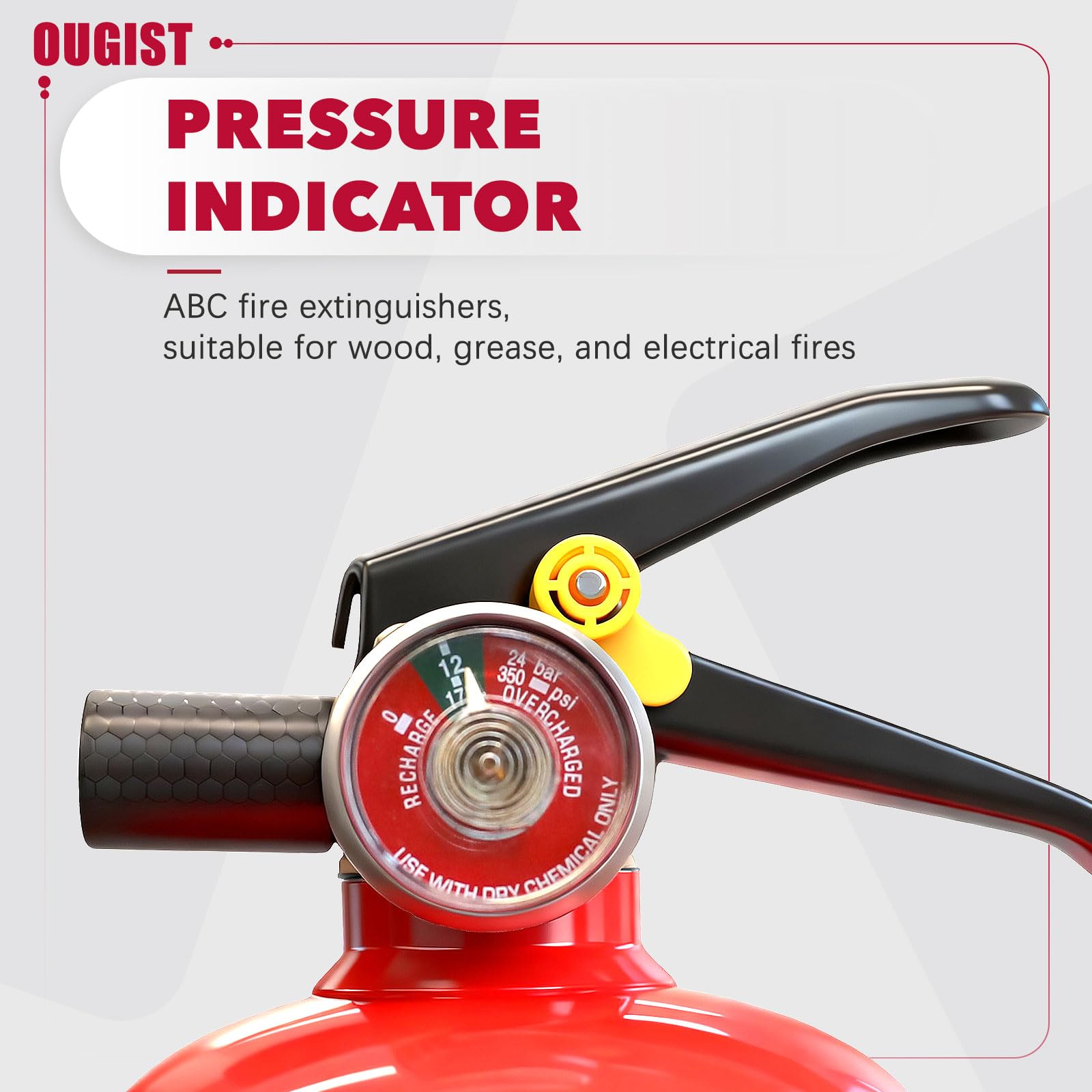 Ougist ABC fire extinguisher uses dry chemical formula for versatile fire control.