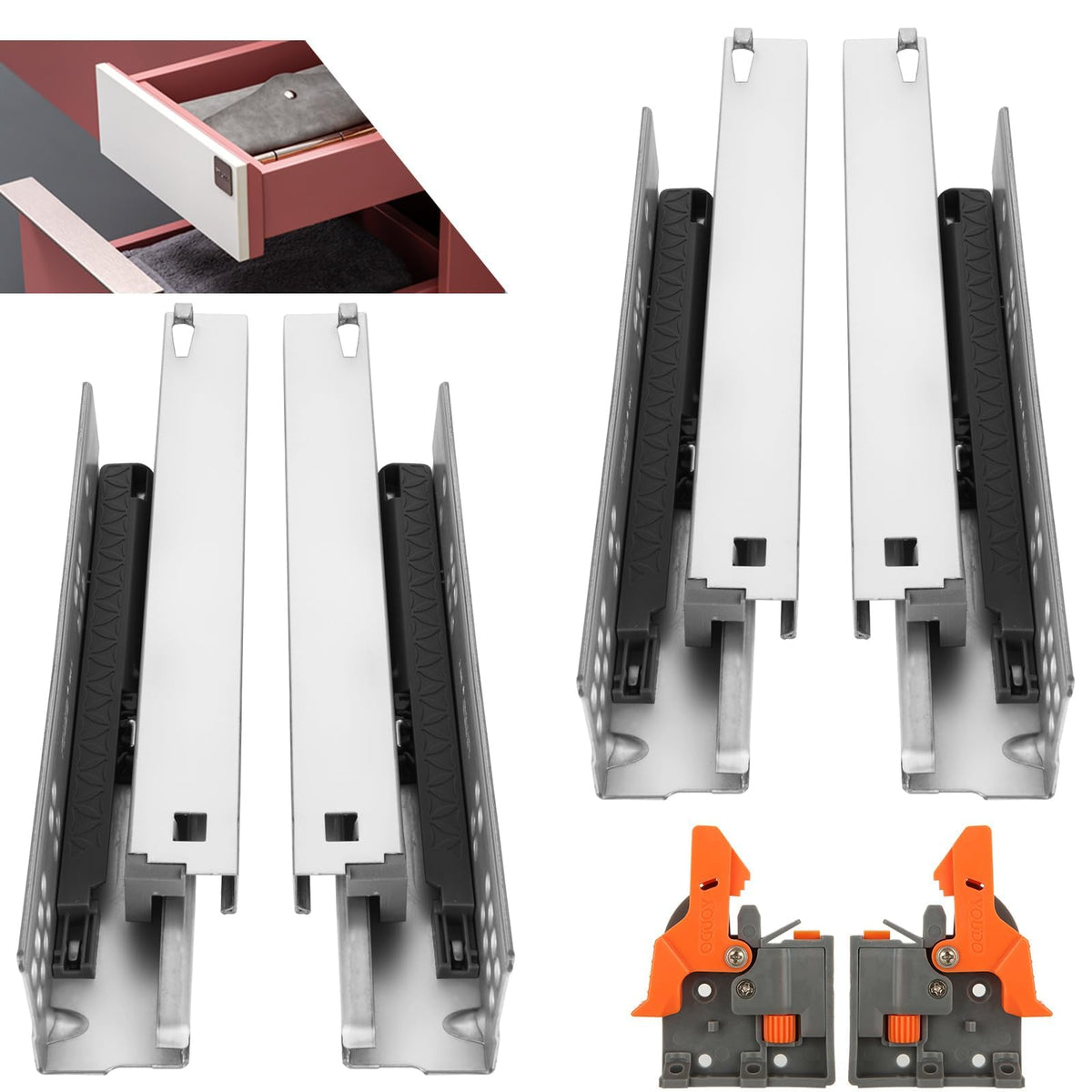 Oungy 10-inch undermount soft-close drawer slide shown for smooth, quiet operation