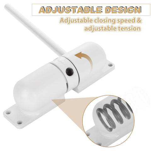Oungy surface-mounted door closer on white plate enables easy installation.