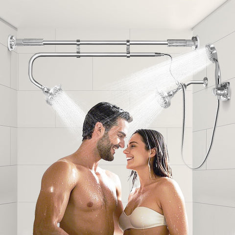 OURBAOFU Tandem Shower assembly demonstrating tool-free setup for two users.