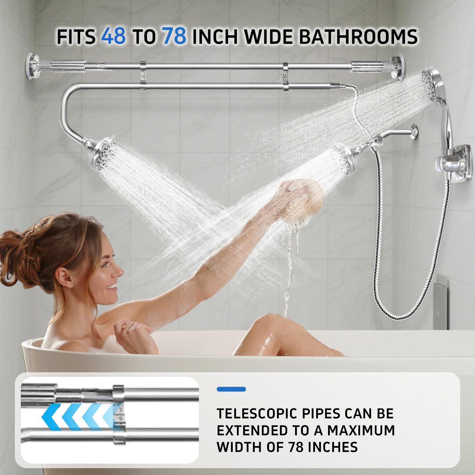 OURBAOFU extendable shower rod showing 48–78 inch length for versatile fitting.