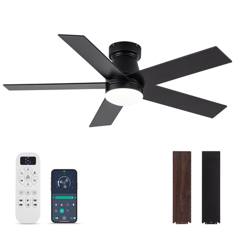 OURSTAR black low-profile ceiling fan with light and remote for easy control.