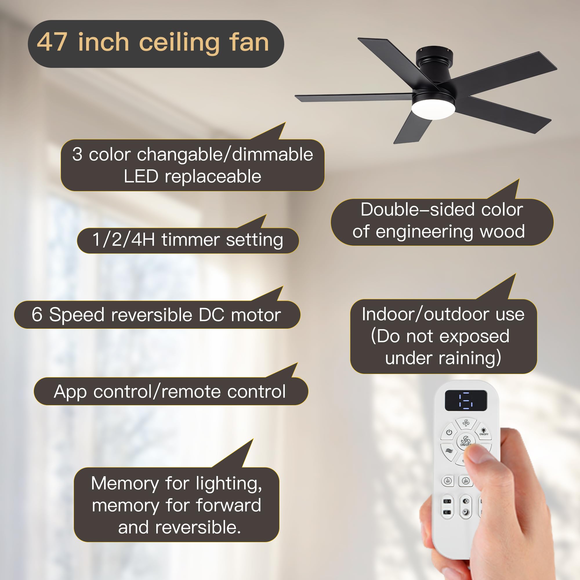 OURSTAR memory function preserves light and fan settings for quick startup.