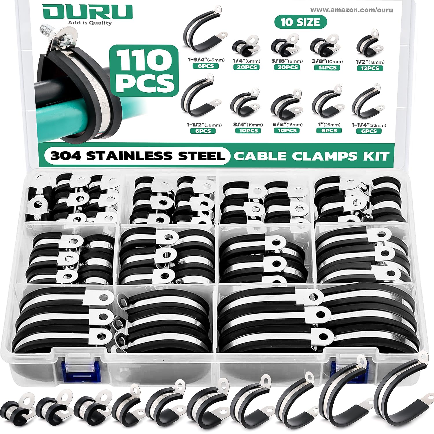 Ouru 110pcs cable clamps kit in storage box for versatile organization