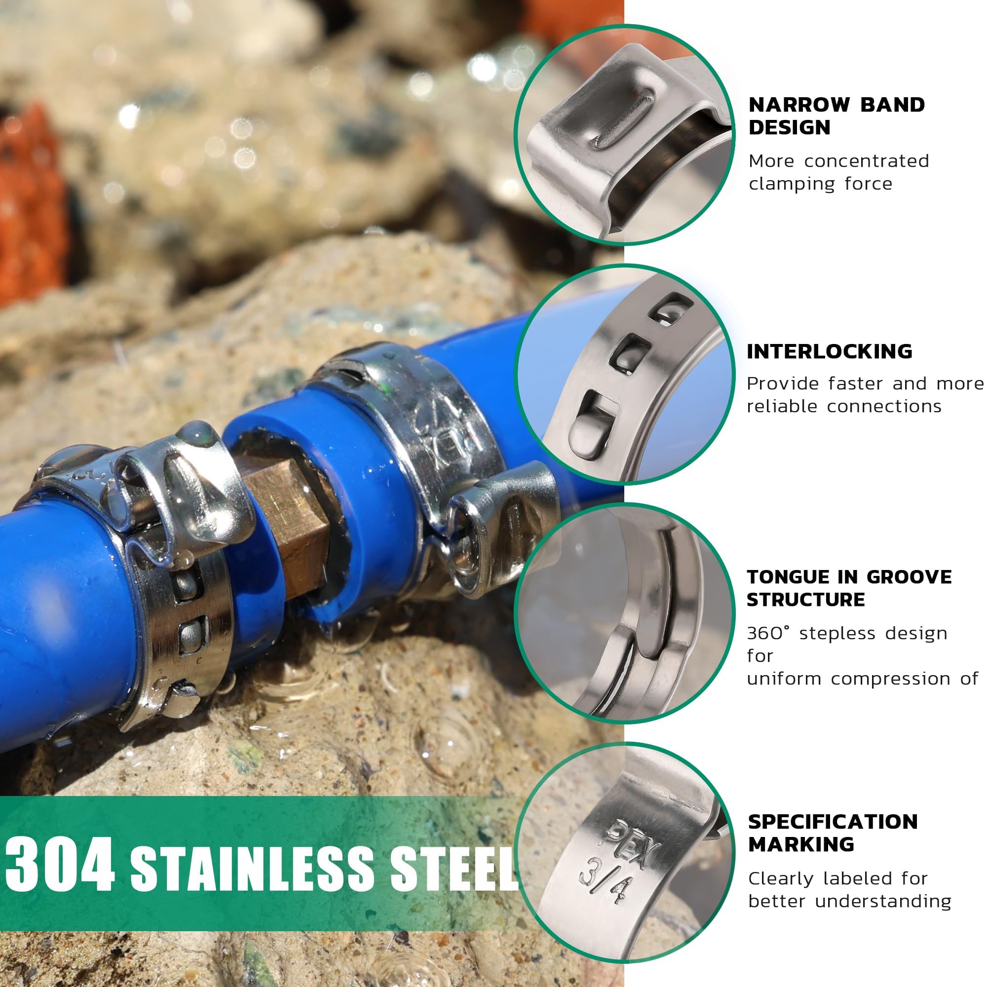 Ouru Pex clamps five-eighths inch deliver a 360-degree seal for leak-free connections.