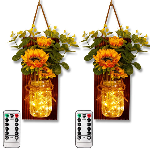 OurWarm sunflower wall sconces set of two with mason jars for cozy farmhouse charm.