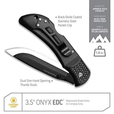 Outdoor Edge Onyx folding pocket knife closeup highlights compact, portable design.